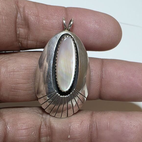 Vintage D Elark Native American Shadowbox Sterling SIlver & Shell Mop Pendant - Picture 1 of 10